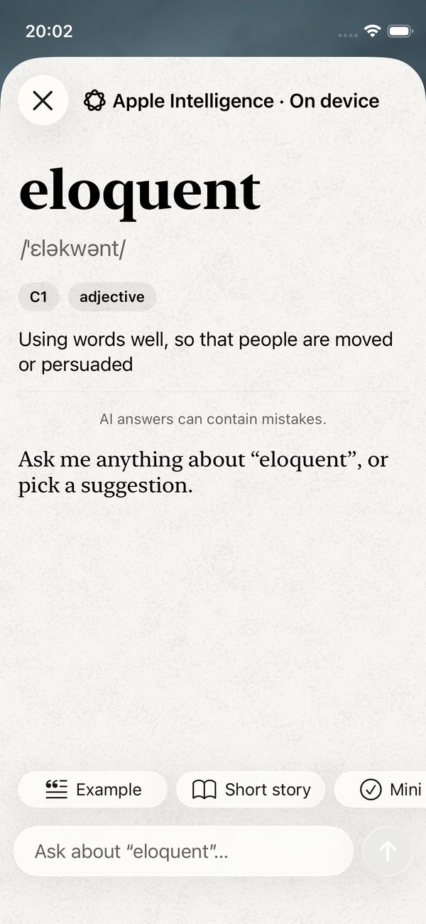 Ask AI about eloquent, on device, with Example, Short story and Mini quiz suggestions.