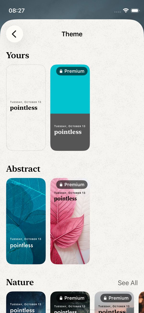 The theme gallery: Yours, Abstract and Nature rows.