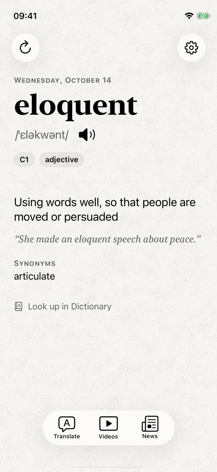 The app on paper: Wednesday, October 14, eloquent, its phonetic spelling, level C1, adjective, the definition and an example.