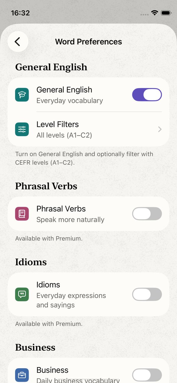 Word Preferences: General English with level filters, and the Phrasal Verbs, Idioms and Business lists.