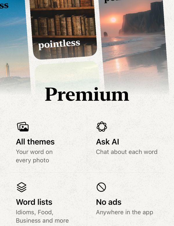 The Premium page: All themes, Ask AI, Word lists, No ads.