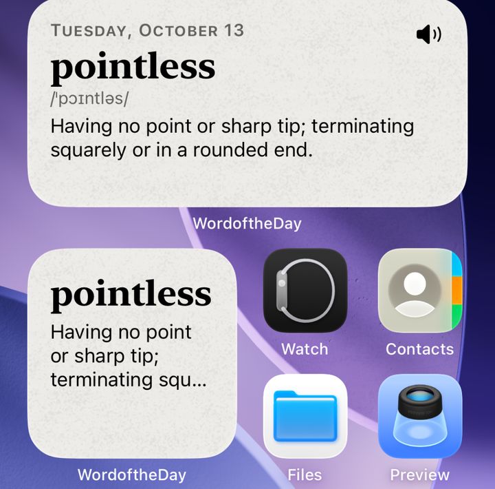 Medium and small Word of the Day widgets on the Home Screen, showing pointless on paper.